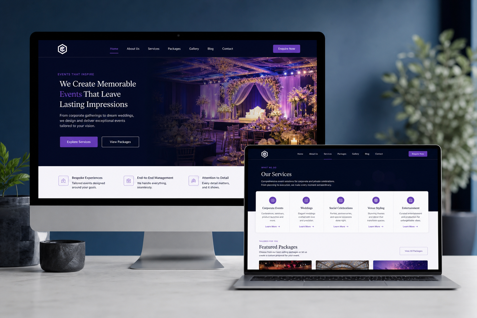 Professional responsive event management company website displayed on desktop and laptop screens