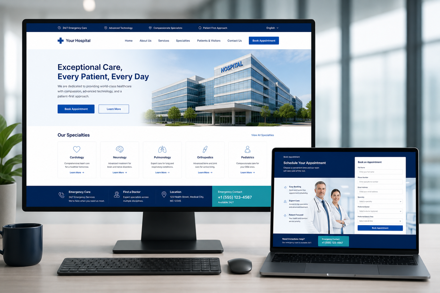 Professional responsive hospital and healthcare website displayed on desktop and laptop screens