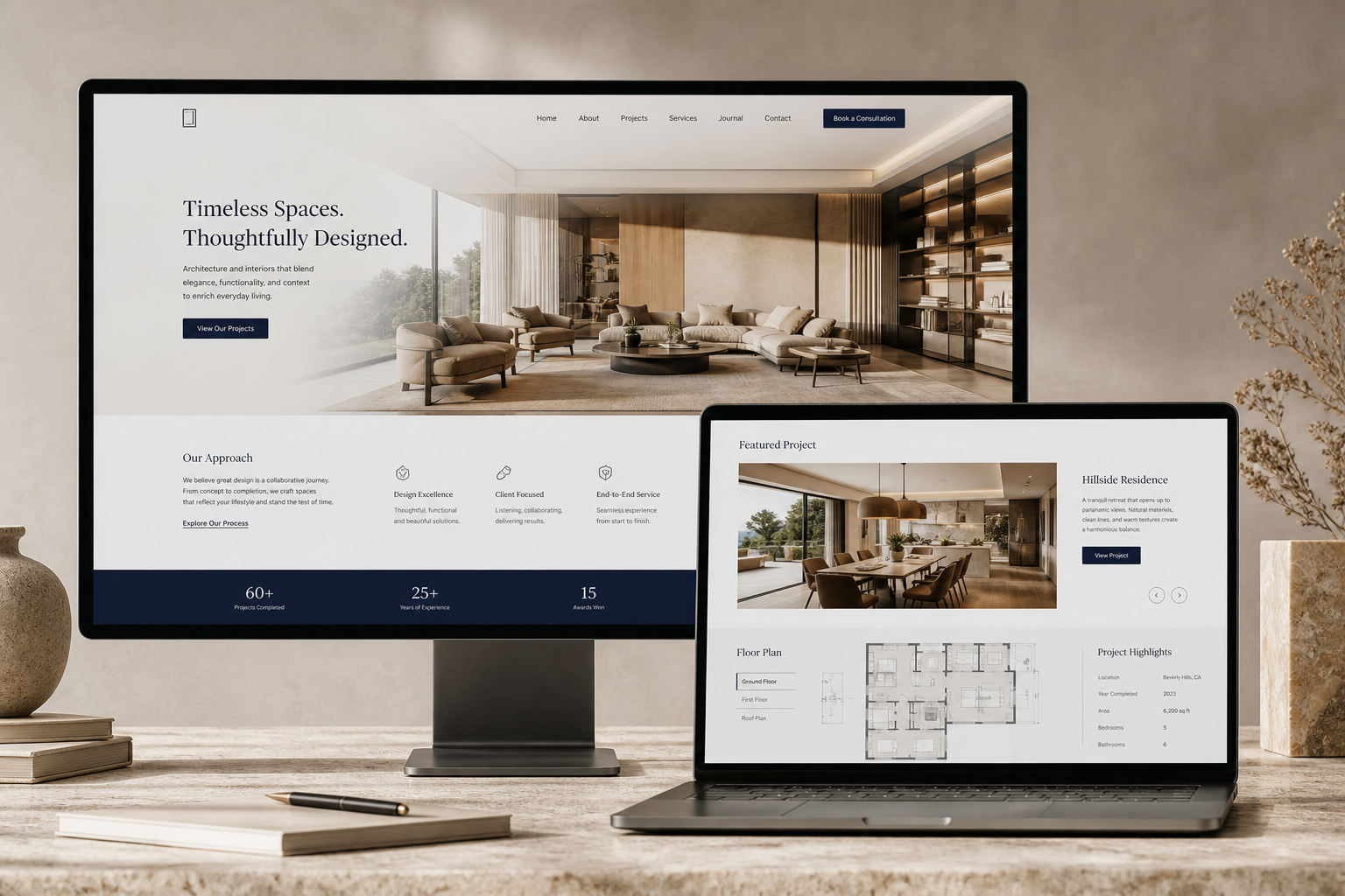 Elegant responsive architecture and interior design company website displayed on desktop and laptop screens