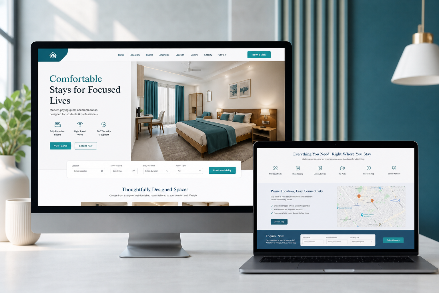 Professional responsive paying guest accommodation website displayed on desktop and laptop screens