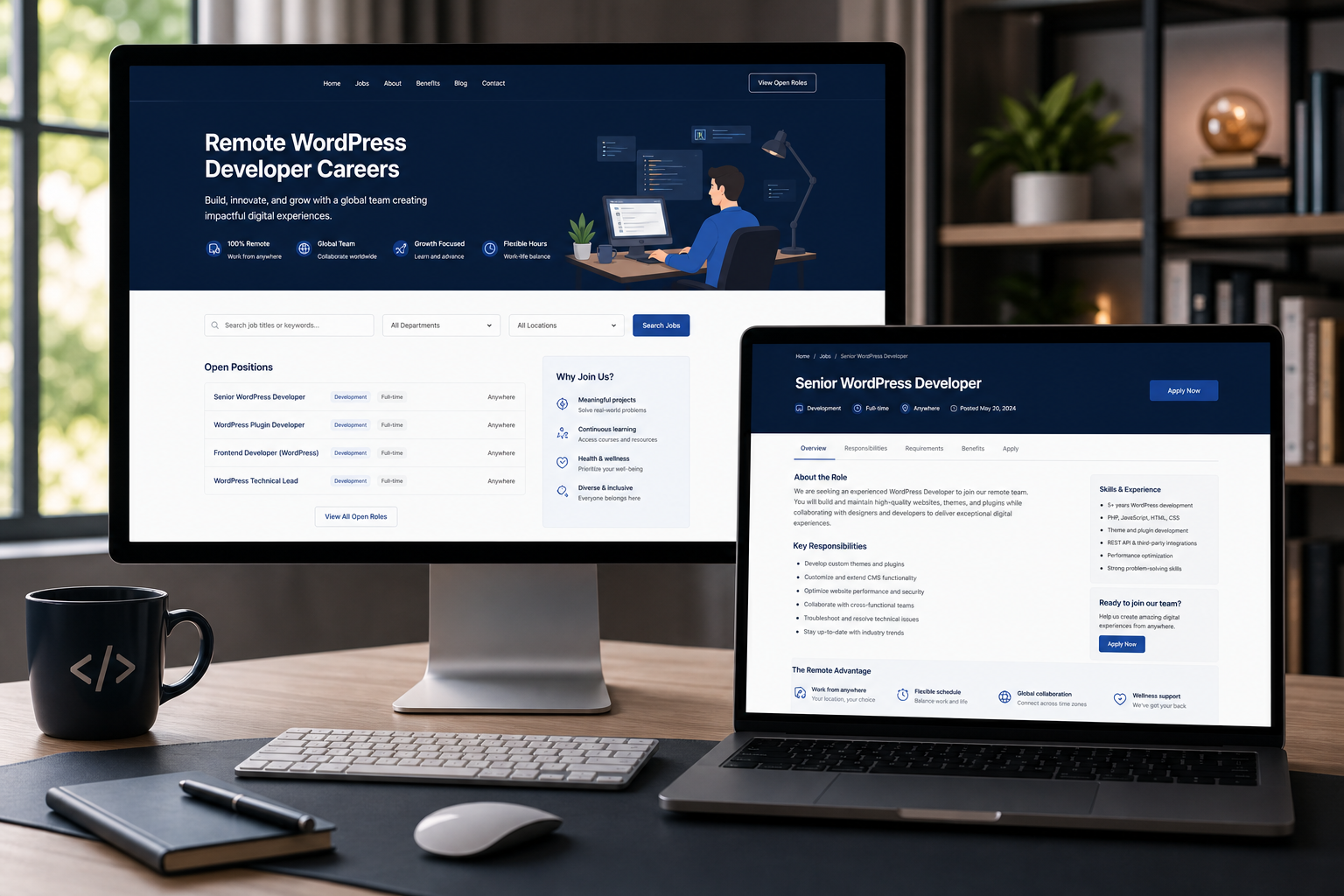 Professional remote WordPress developer job and careers website displayed on desktop and laptop screens
