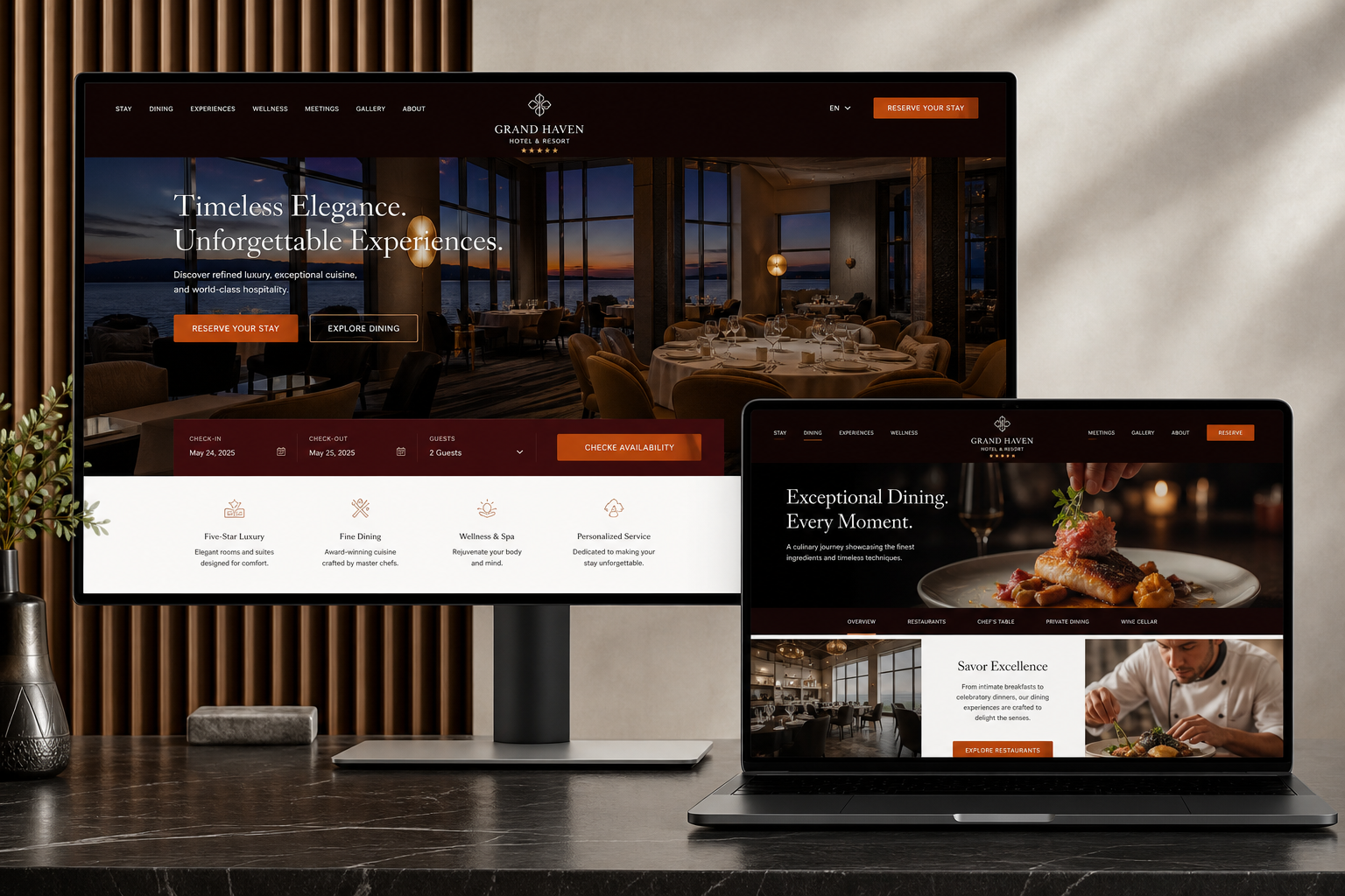 Premium responsive restaurant and five-star hotel website displayed on desktop and laptop screens
