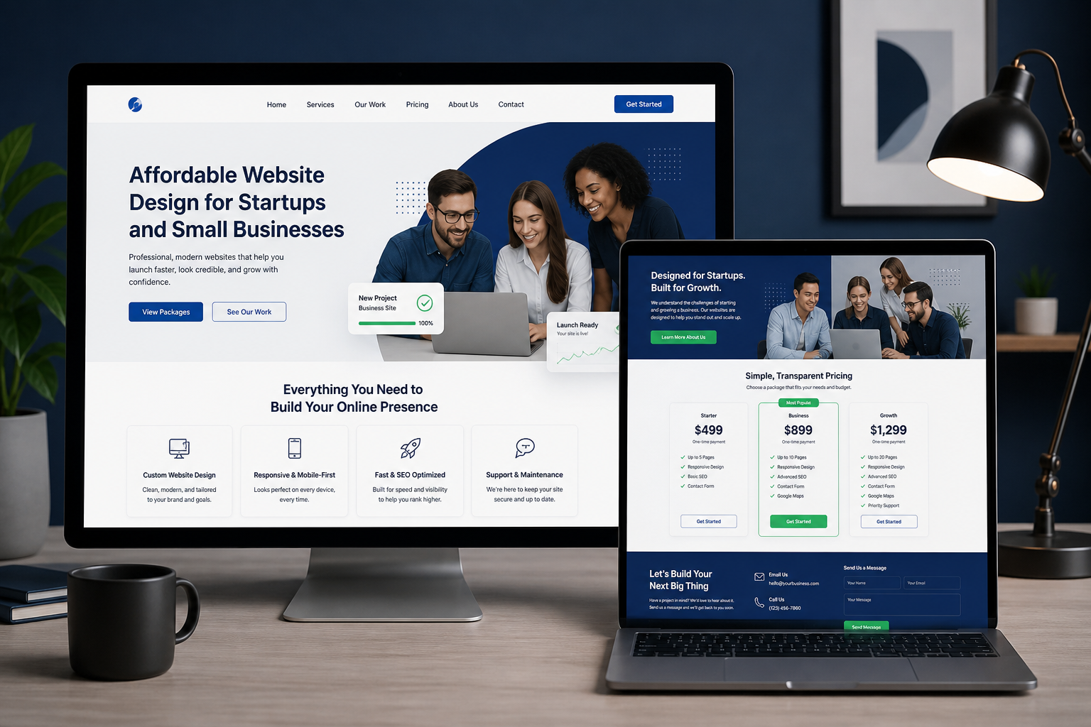 Simple professional responsive startup and small-business website displayed on desktop and laptop screens